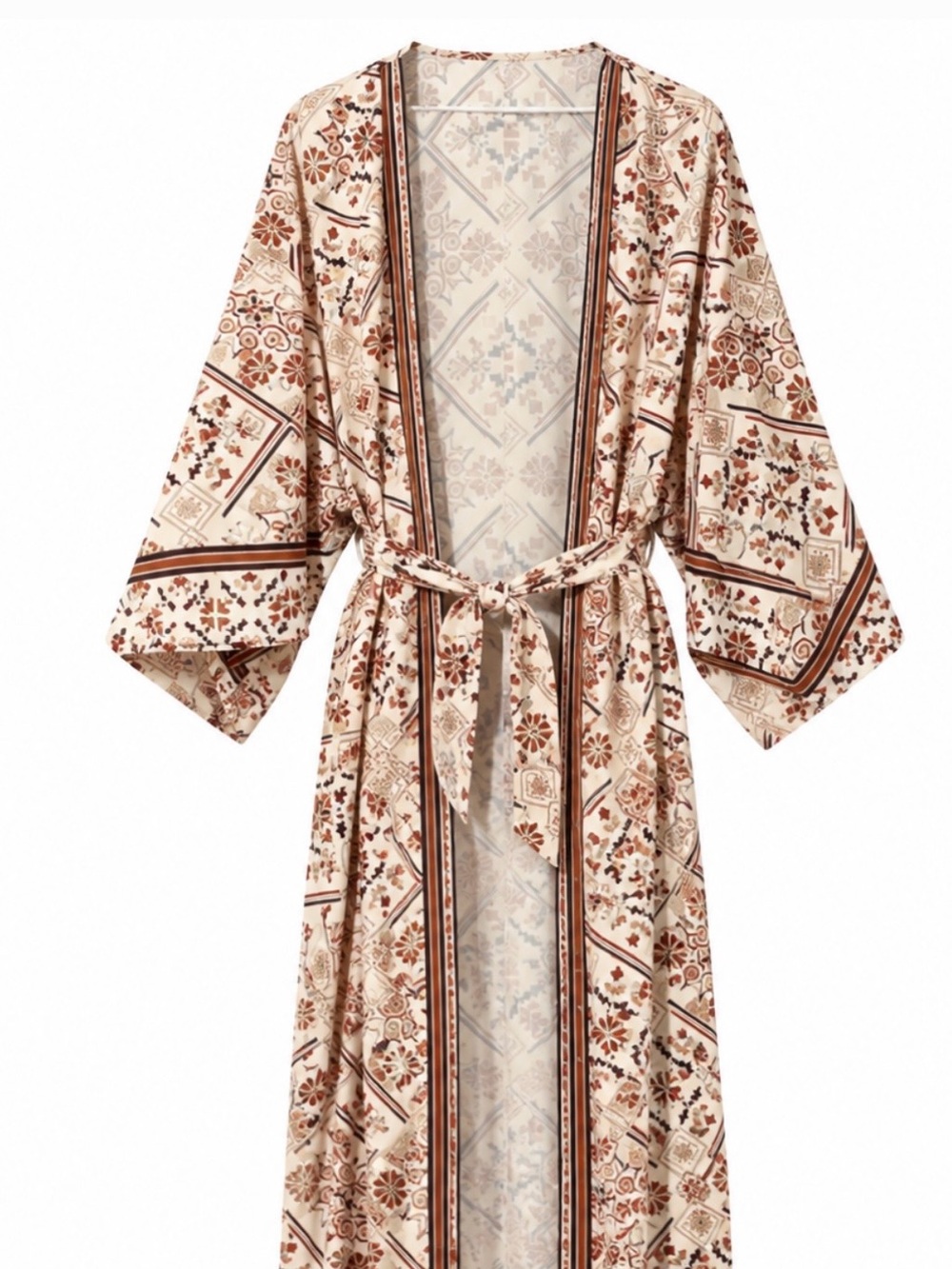 Woven OZ Floral Print Long Robe - Cream & Brown